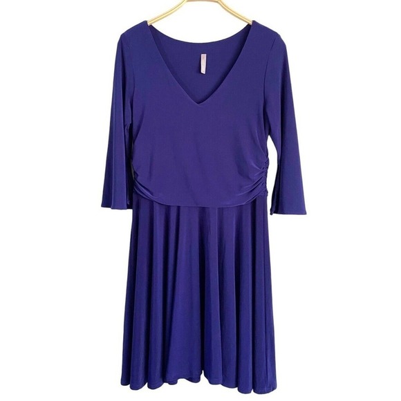 Last Tango sz LARGE Blue Faux Wrap Dress Slinky Flare Sleeve Knee-Length Stretch - Picture 1 of 5